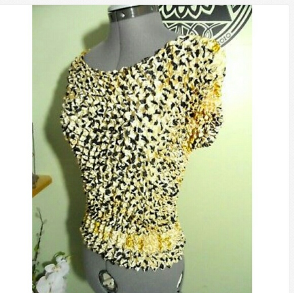 CBR Stretch Crinkle Top 1 sz Cream Yellow leopard - Picture 4 of 5